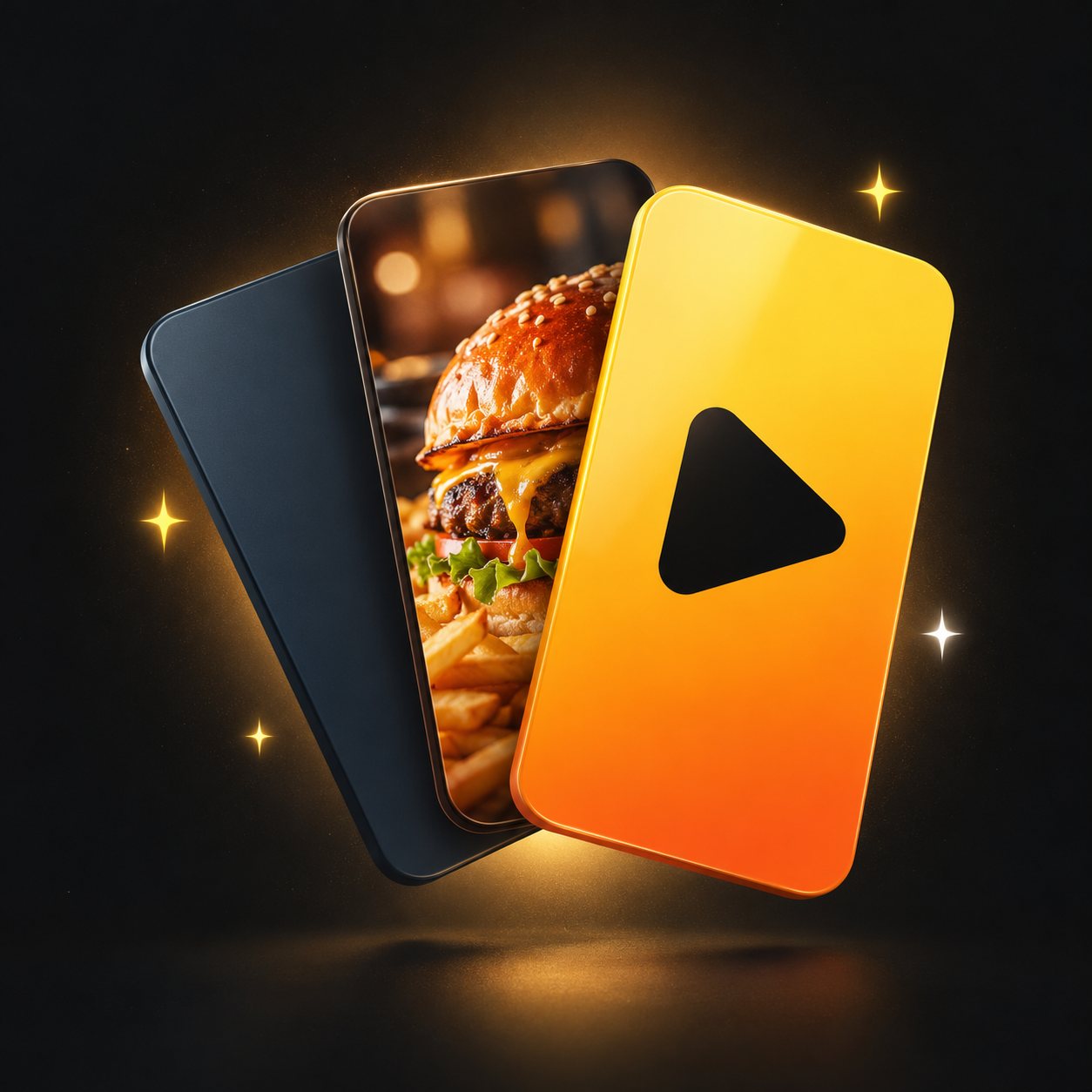 Kart yelpazesi: arkada koyu kart, ortada hamburger görüntülü kart, önde play işaretli sarı kart
