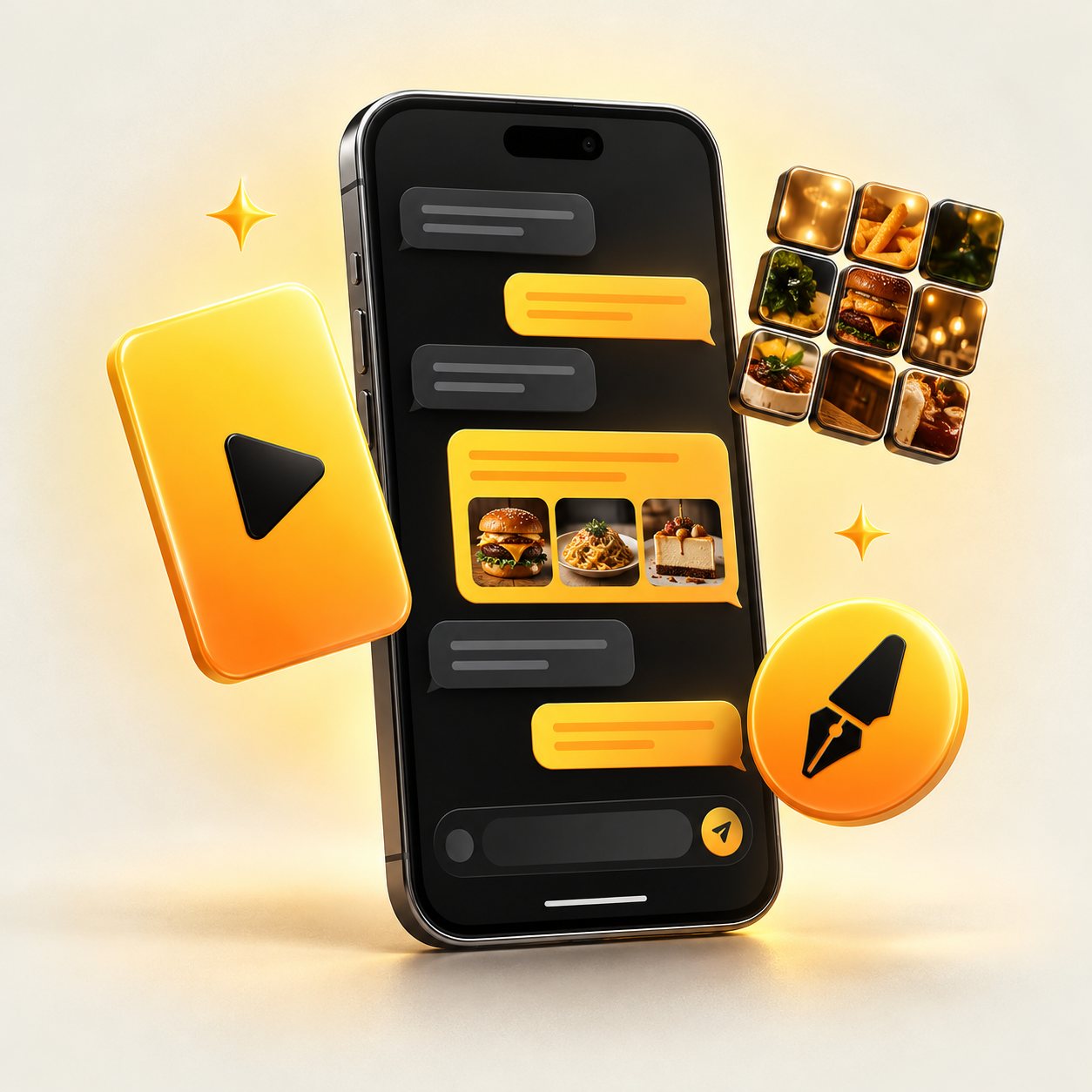 Sarı mesaj balonlu sohbet ekranı açık telefon; yanında play kartı, post ızgarası ve kalem rozeti